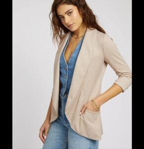 NWOT Melanie Sun Beige Open-Front Blazer With Pockets 3/4 Length Sleeves